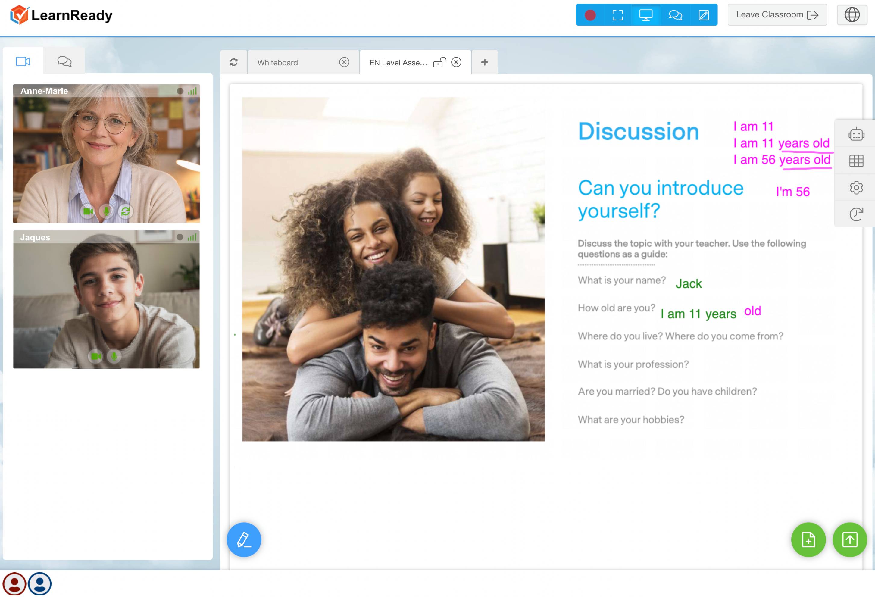 Student smiling during a one-to-one online language lesson with their teacher